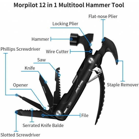 Morpilot 12 in 1 Multitool Hammer, Tragbares Taschenwerkzeug, aus Edelstahl, mit Klauenhammer,