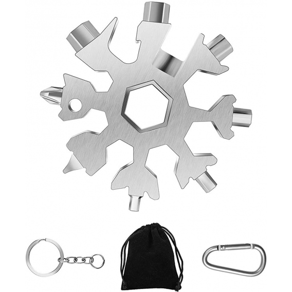 AcserGery 18-in-1-Edelstahl-Schneeflocken-Multi-Tool-Set mit Karabiner. Schlüsselanhänger und Aufbewahrungstasche (Silber)