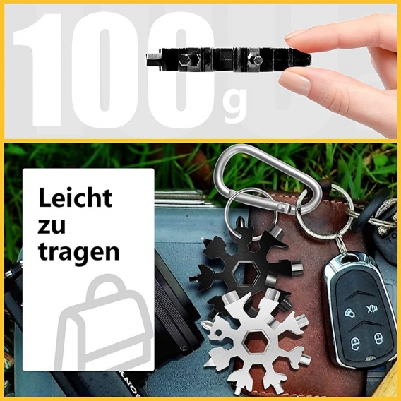 AcserGery 18-in-1-Edelstahl-Schneeflocken-Multi-Tool-Set mit Karabiner. Schlüsselanhänger und Aufbewahrungstasche (Silber)