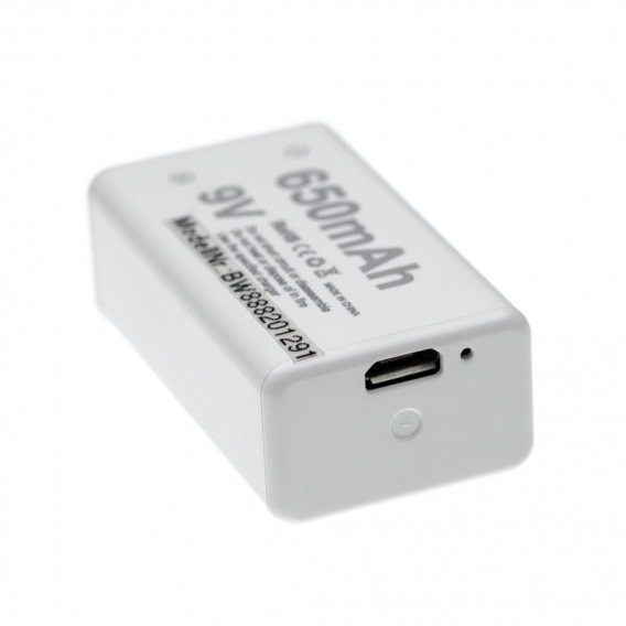 vhbw 9V-Akku Block Ersatz für 6F22, 6LR61 für diverse Geräte (650mAh, 9V, Li-Ion), ready-to-use, mit Micro USB Buchse