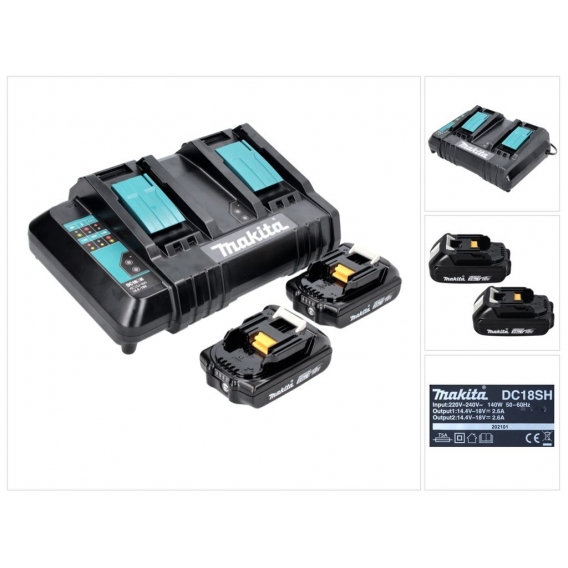 Makita Power Source Kit 18 V mit 2x BL 1820 B 2,0 Ah Akku ( 197254-9 ) + DC 18 SH Doppel Ladegerät ( 199687-4 )