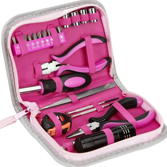 Werkzeugset Rosa Lady Werkzeug Set mit Werkzeugkoffer 23-Teiliges Reparatur Werkzeug Kit mit Schraubendreher Bit Maßband Schneid