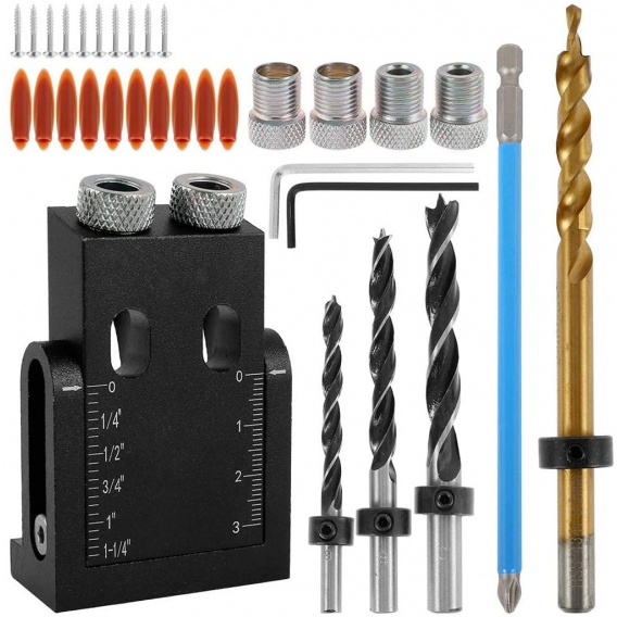 AcserGery Pocket Hole Jig Set, 38-teiliges Pocket Hole Jig Drilling Kit, 15 ° Bohrführungsset Holzbearbeitungs-Schrägpositionier