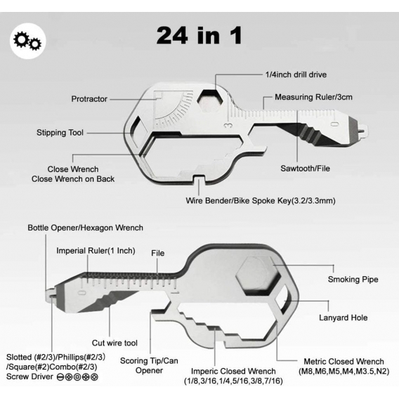 AcserGery 24-in-1-Multi-Tool-Schlüssel, schlüsselförmiges Edelstahl-Taschenwerkzeug, Outdoor-Multitool für Flaschenöffner, Schra