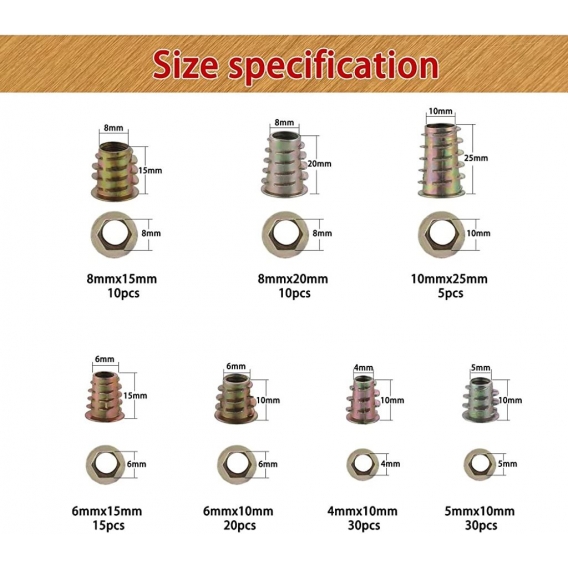 AcserGery Innensechskant-Gewindeeinsätze aus Zinklegierung – M4, M5, M6, M8, M10 Einsätze – Sortiment Werkzeugset für Holzmöbel 