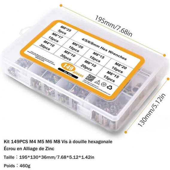 AcserGery 149-teiliges Zinklegierungs-Möbel-Sechskantmuttern-Zinklegierungs-Möbeleinsätze Innensechskant-Schraubgewinde-Einsätze