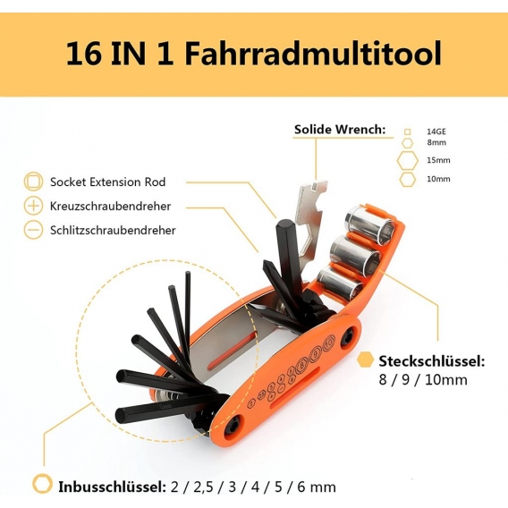 AcserGery 16-in-1-Fahrrad-Werkzeug-Set, Fahrrad-Reparatur-Set-Werkzeuge mit Patch-Kit, Fahrrad-Reparatur-Werkzeug-Set, Fahrrad-R