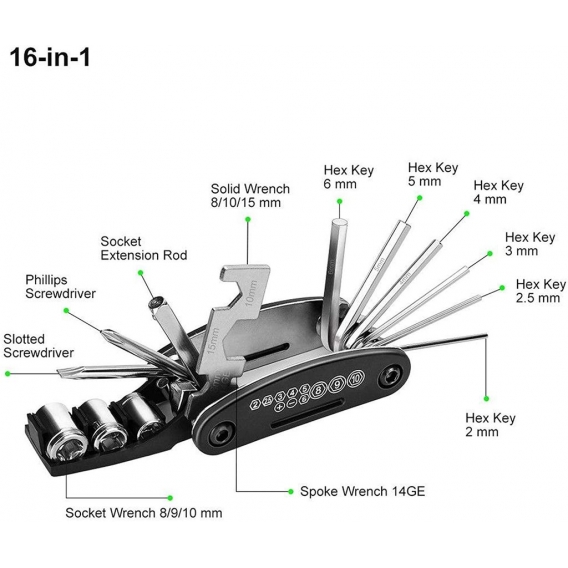 AcserGery 16-in-1-Mountainbike-Mehrzweckwerkzeug/Sechskantschraubendreher Innen- und Außenschlüssel/kombinierte Reitausrüstung