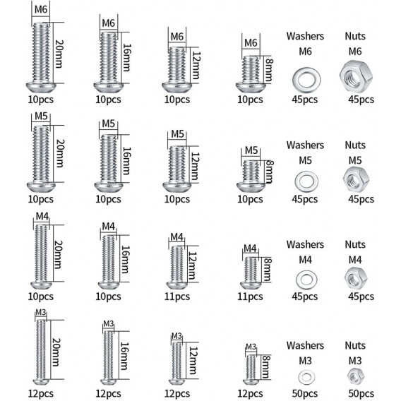 AcserGery 540 Stück Edelstahl-Sechskantschrauben, Muttern und Unterlegscheiben, M3 M4 M5 M6 Flachkopfschrauben-Sortiment, Maschi