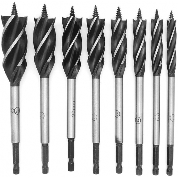 AcserGery 8-teiliges 6,35-mm-Sechskantschaft-Spiral-Holzbohrer-Set mit vier Schlitzen für Holz, Beton, Holzbearbeitung und 10–25