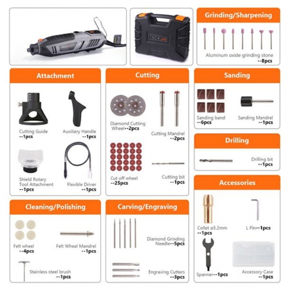 TACKLIFE 200-W-Rotationswerkzeugsatz mit LCD-Display, 4 Aufsätzen, einschließlich flexibler Welle, Schild, Griff und Schnittführ