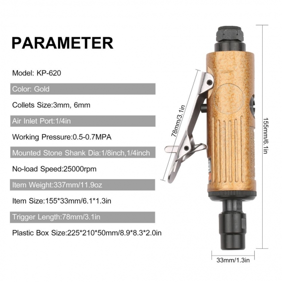 Mini Air Straight Die Grinder Set 25000 U / min Pneumatisches Luftpolier-Rotationswerkzeug-Kit Ausgestattet mit 1/4-Zoll 1/8-Zol