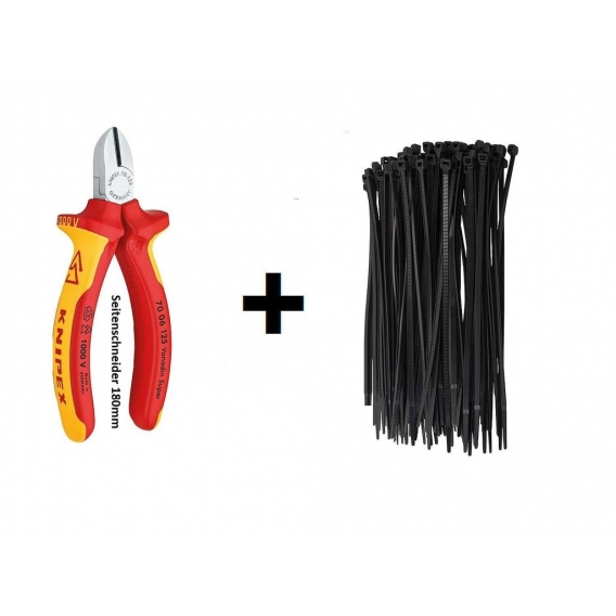 Knipex VDE-Seitenschneider 180 mm rot/gelb VDE isoliert + 100 Kabelbinder schwarz UV-beständig  für PV-Anlagen und Elektroinstal