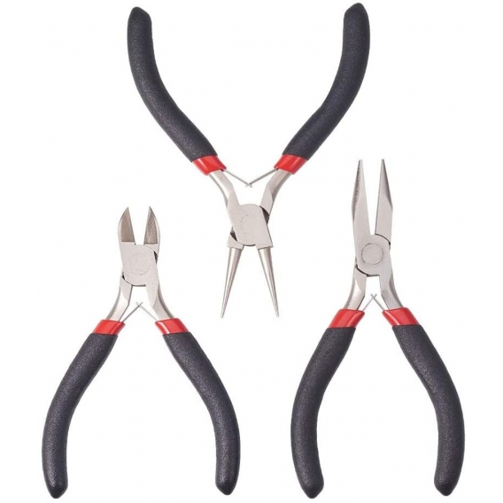 AcserGery Lot von 1 Set Schmuckzangen-Sets, Ferro-, Seitenschnitt-, Nasen- und Kettenrundzange, Schwarz, 11-12,5 cm