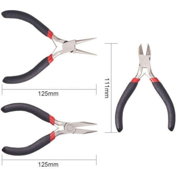 Pyzl Lot von 1 Set Schmuckzangen-Sets, Ferro-, Seitenschnitt-, Nasen- und Kettenrundzange, Schwarz, 11-12,5 cm