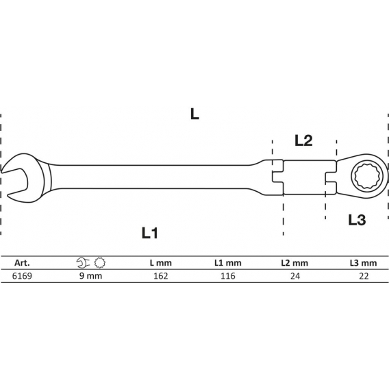 BGS technic Doppelgelenk-Ratschenring-Maulschlüssel | abwinkelbar | SW 9 mm