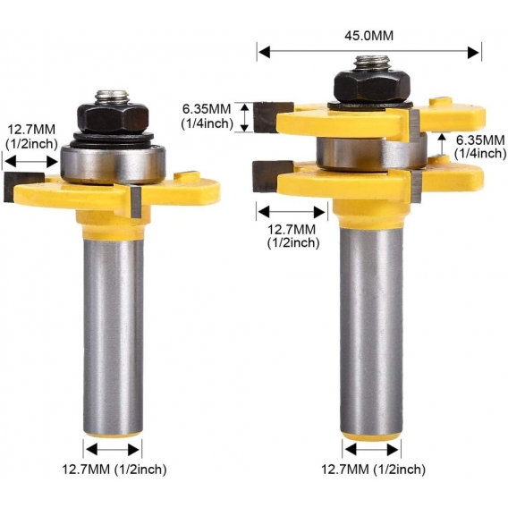 AcserGery 3 Flöten-T-förmige Nut- und Federschneider-Sets Holzbearbeitungs-Schneidwerkzeug (2 Stück/Satz, Schaftdurchmesser: 12,