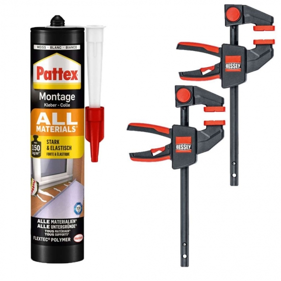 Bessey 2x Einhandzwinge EZM 150/60 + 1x450g Pattex Montagekleber All Materials