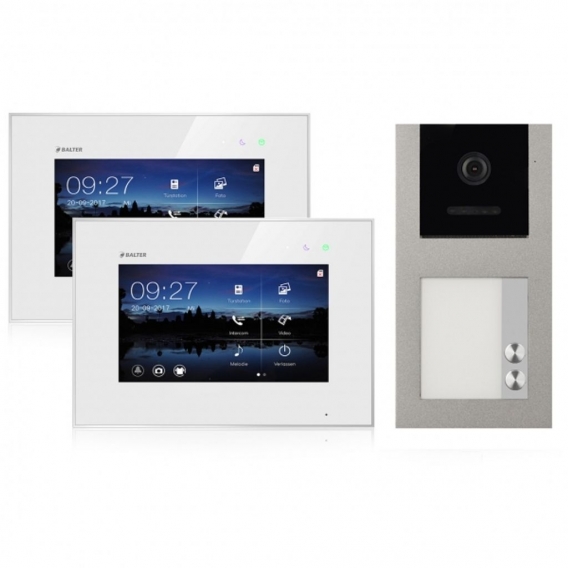 BALTER EVO Aufputz Video Türsprechanlage 2-Draht BUS für 2-Familienhaus  2 x 7" Touchscreen Monitor und Hauptstromverteiler (Tür