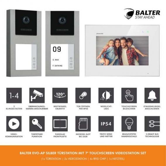 Balter EVO-AP Silber Video Türsprechanlage 7" Touchscreen RFID 2-Draht BUS Set für 2 Familienhaus