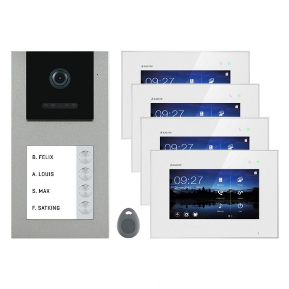 Balter EVO-AP Silber Video Türsprechanlage 7" Touchscreen RFID 2-Draht BUS Set für 4 Familienhaus