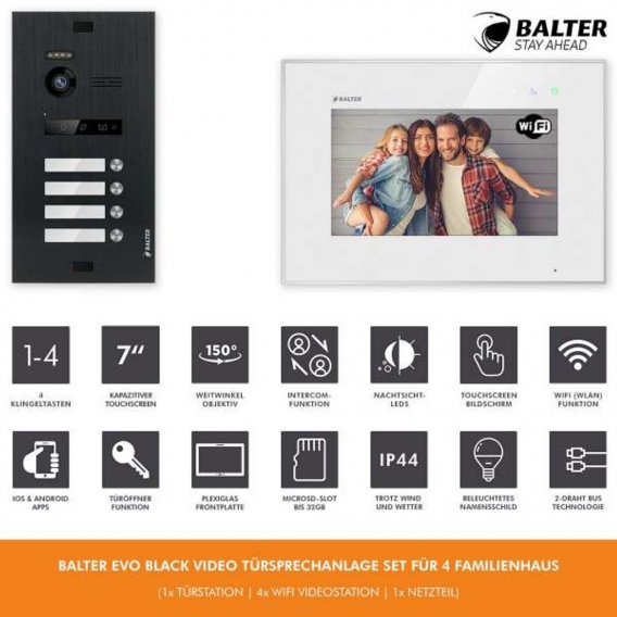 BALTER EVO Schwarz 2-Draht BUS 7" WiFi Monitor Video Türsprechanlage Set für 4 Familienhaus