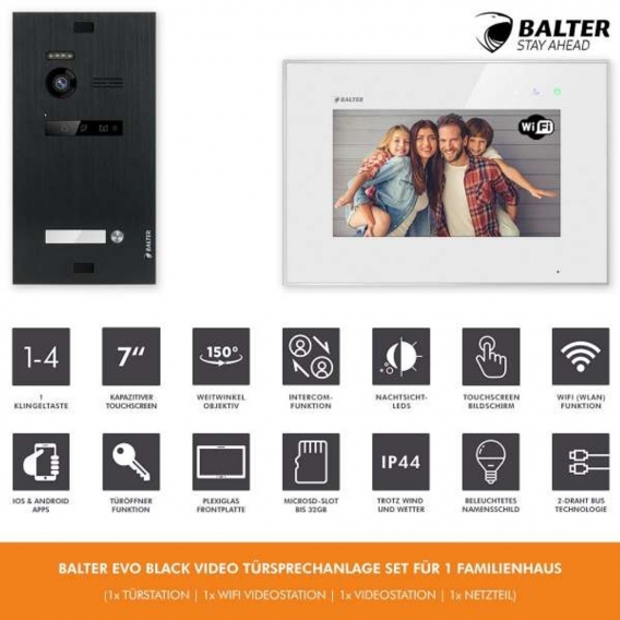 BALTER EVO Schwarz 2-Draht BUS 2x 7" WiFi Monitor Video Türsprechanlage Set für 1 Familienhaus