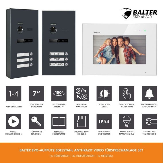 BALTER EVO Aufputz Edelstahl Anthrazit 2-Draht BUS 7" Video Türsprechanlage Set für 3 Familienhaus