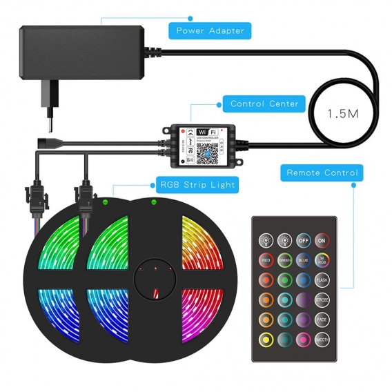 Smart Wifi LED RGB Lichtbaender 32,8ft. 5050 Farbwechsellichter mit Voice & APP & 24 Tasten Fernbedienung Tape Lights Weihnachts