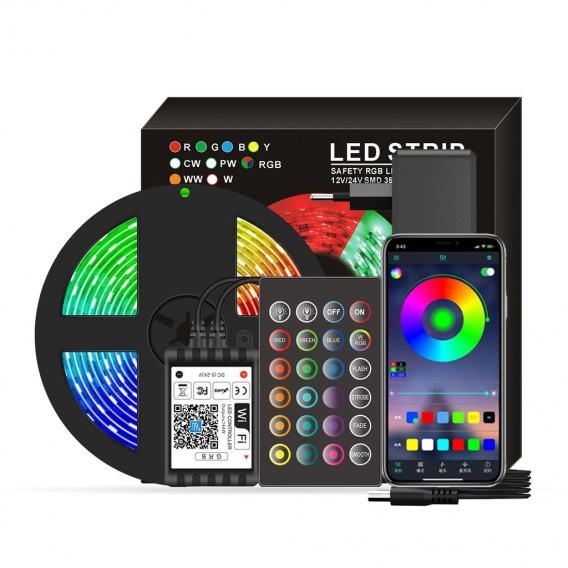 Smart Wifi LED RGB Lichtbaender 16.4ft. 5050 Farbwechsellichter mit Voice & APP & 24 Tasten Fernbedienung Tape Lights Weihnachts