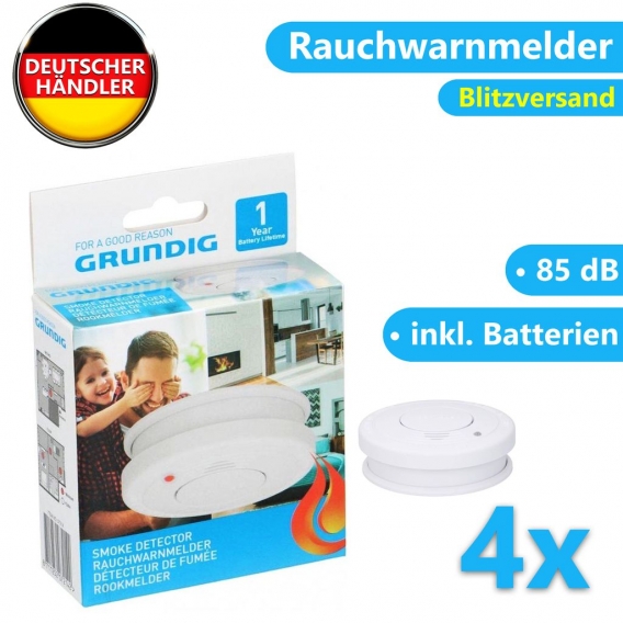 4x GRUNDIG Rauchmelder inkl. 9V Batterie EN 14604  Rauchwarnmelder