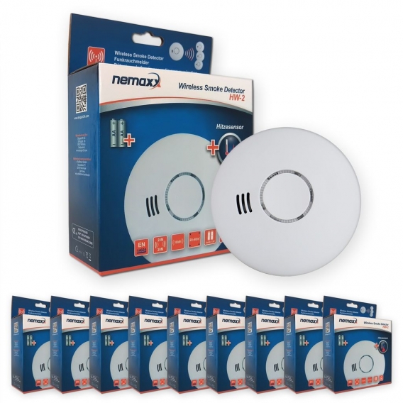 9x Nemaxx HW-2 Funkrauchmelder Rauchmelder Hitzemelder mit kombiniertem Rauch- und Thermosensor nach DIN EN 14604 - weiss