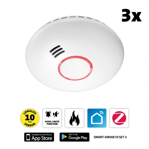 Alecto SMART-SMOKE10 SET 3 - Starterset Smart Zigbee Verbindungsstück mit 3 Smart Zigbee Rauchmeldern, weiß