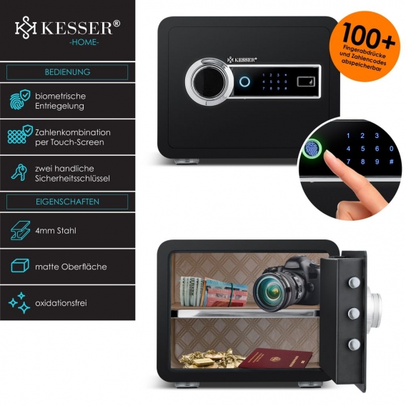 KESSER® Elektr. Tresor mit Fingerabdruck | Inkl. Batteriebox | Elektronischer Safe | 3x Doppelbolzenverriegelung | Boden Wandtre