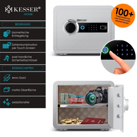 KESSER® Elektr. Tresor mit Fingerabdruck | Inkl. Batteriebox | Elektronischer Safe | 3x Doppelbolzenverriegelung | Boden Wandtre