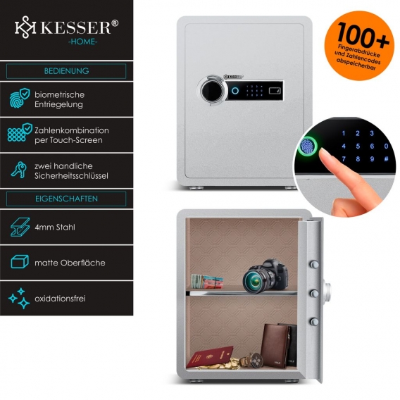 KESSER® Elektr. Tresor mit Fingerabdruck | Inkl. Batteriebox | Elektronischer Safe | 3x Doppelbolzenverriegelung | Boden Wandtre