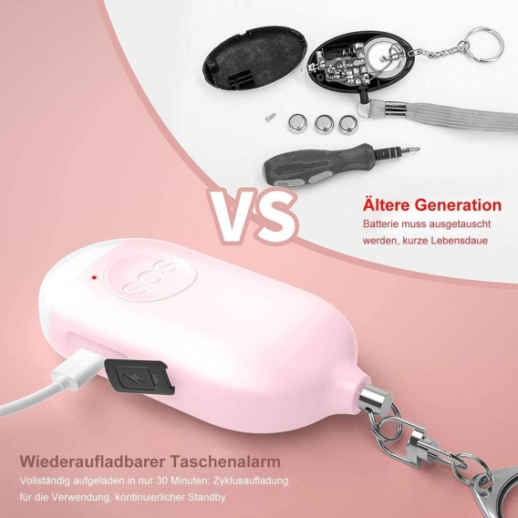 Wiederaufladbarer Taschenalarm Alarm mit Taschenlampe Schlüsselanhänger, Panikalarm Selbstverteidigung Sirene für Frauen Kinder 