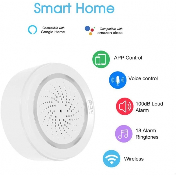 WiFi Sirene Alarm Sensor, Sirene mit Temperatursensor und Feuchtigkeitssensor, Smart Alarm Sirene Haussicherungssystem, Tuya Sma