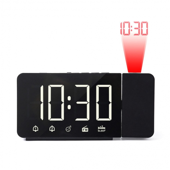 Projektionswecker 180 ¡ã -Projektor mit FM-Radio-Schlummerfunktion 4-Dimmer-Doppelalarm USB-Lade-Digitaluhr 12H / 24H fuer Schla