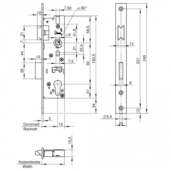 Wilka Rohrahmenschloss 1433 40mm Dorn Stulp 24x3x245mm Edelstahl