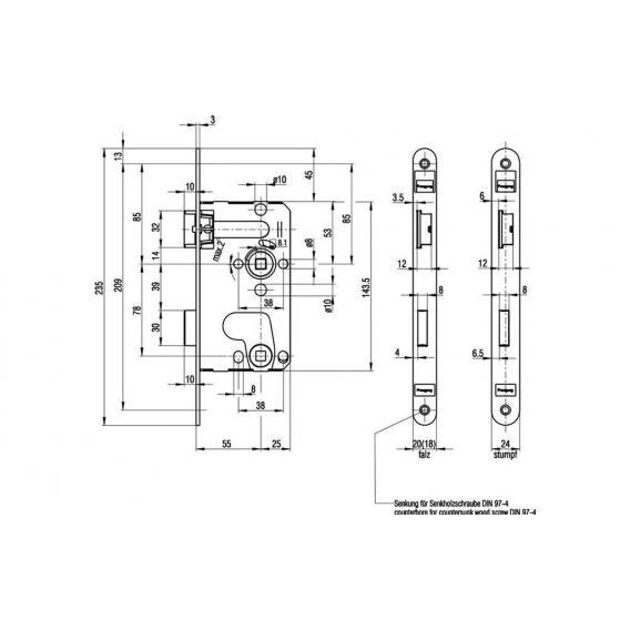 BKS Zimmertür-Einsteckschloss 0215 BAD 20/ 55/78/8 mm DIN links silber käntig Klasse 1 Kunststoff