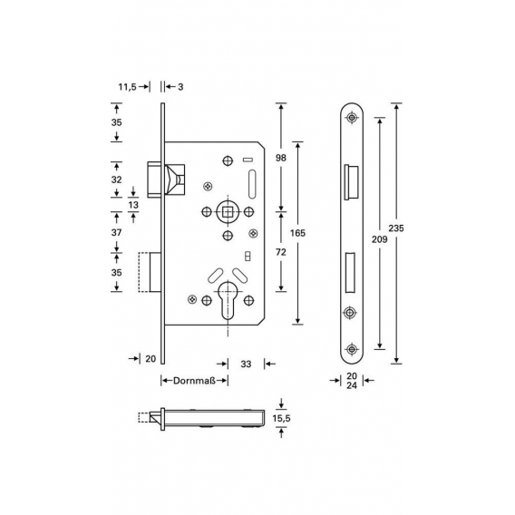 SSF Panik-Einsteckschloss Serie 20 APE E abgerundet 24/65/72/9mm DIN rechts