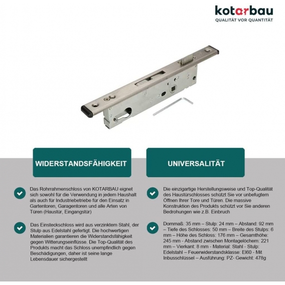 KOTARBAU® Rohrrahmenschloss 92 mm Dornmaß 35 mm C-Stulp Edelstahl Einsteckschloss Türschloss Haustürschloss für Profilzylinder L