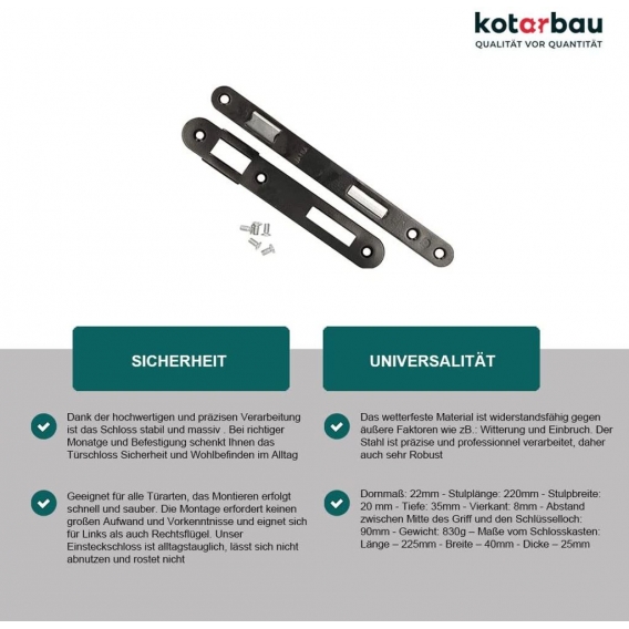 KOTARBAU® Einsteckschloss BB 90/22 mit Schlosskasten Gegenplatte Verzinkt Universal Links/Rechts Zimmerschloss Innen/Außenbereic