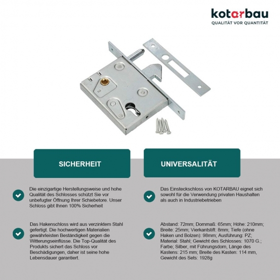 KOTARBAU® Hakenschloss Schiebetore Einsteckschloss F-60 Schlosskasten Schiebetürschloss Hakenfallenschloss Korrosionsbeständig E