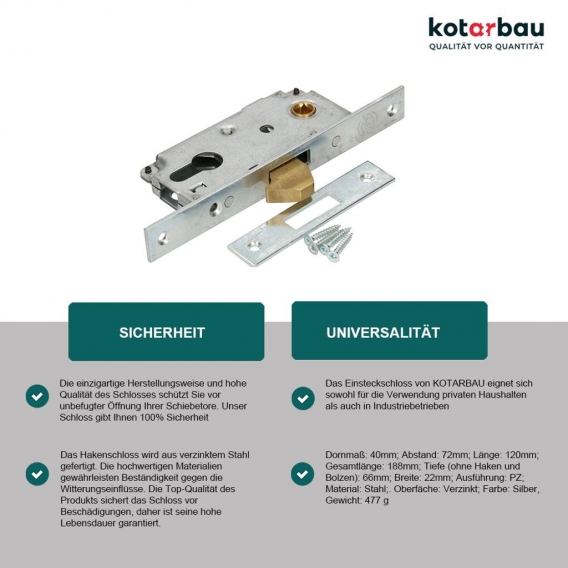 KOTARBAU® Hakenschloss Schiebetore Einsteckschloss 72/40 Schiebetürschloss Hakenfallenschloss Verzinkt Korrosionsbeständig Schli