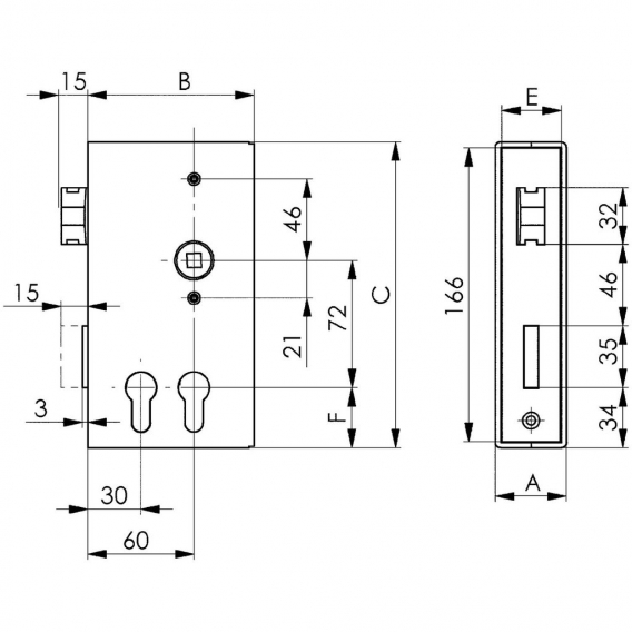 AMF Spezialschloss f. Stahlkonstruktionen 140D, 2 PZW,DM 30/60mm,Kastenstärke 30