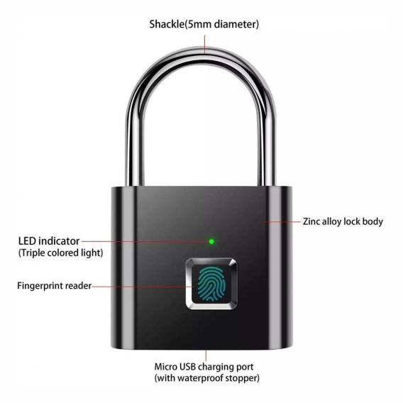 Fingerabdruck Vorhängeschloss, Intelligentes Fingerabdruckschloss, USB-Aufladung, Padlock Lockerschloss aus Zinklegierung, Schlü