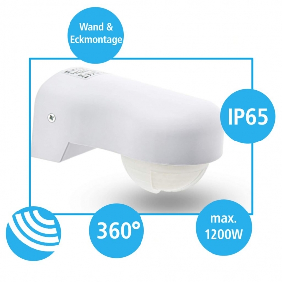 Infrarot Bewegungsmelder 360° 3 Sensoren Matrixlinsen IP65 Bewegungssensor LED geeignet inkl. Unterkriechschutz Bereichsbegrenzu