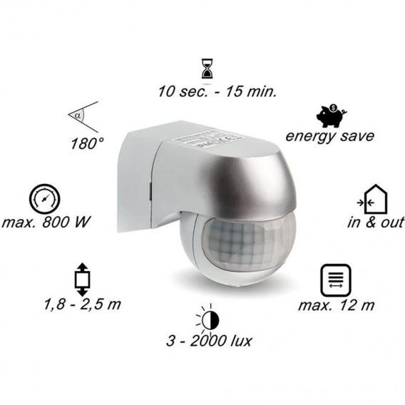 Infrarot Bewegungsmelder 180° Innen/Außen Bewegungssensor IP44 I 230V LED geeignet silber